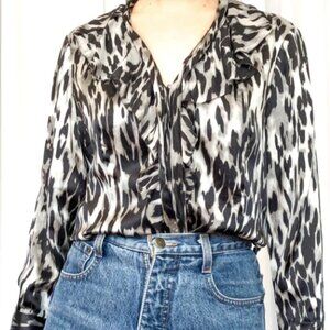 3/$30 $10 Bundle Item! Silk Ruffle Blouse With Black and Grey Animal Print Sz L